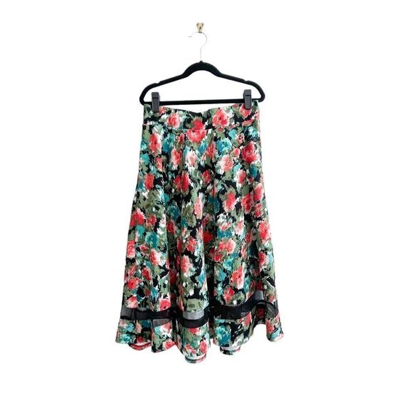 Faith and Joy Floral Midi Skirt Red Rose Sheer Panel Elastic Waist A-Line Size S - Picture 1 of 6